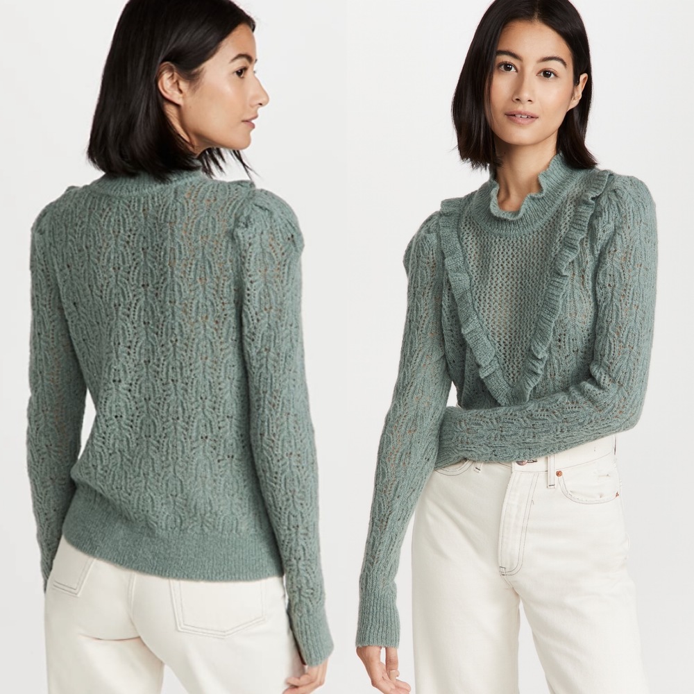 VERONICA BEARD Sorina Ruffle Pointelle Sweater Sage Green, Size S